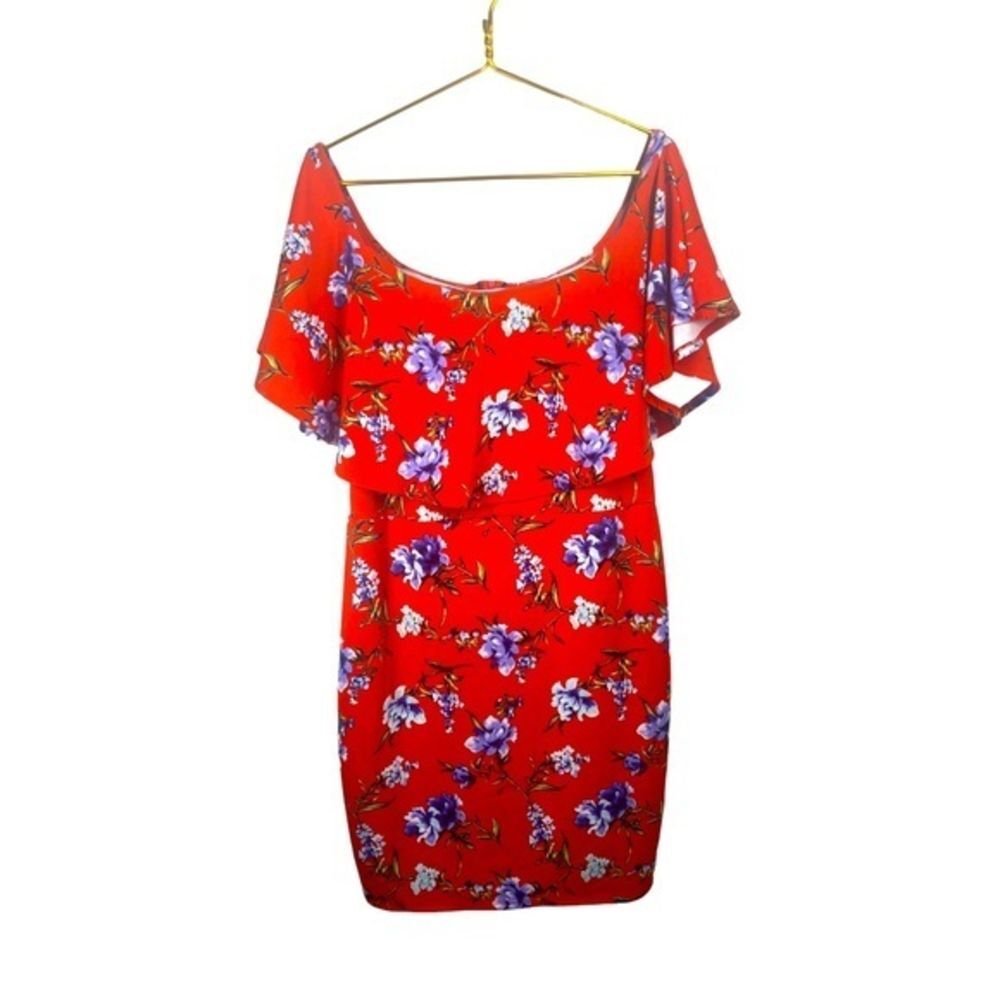 Maitai Off Shoulder Ruffle Red Floral Dress, Size 1X‎